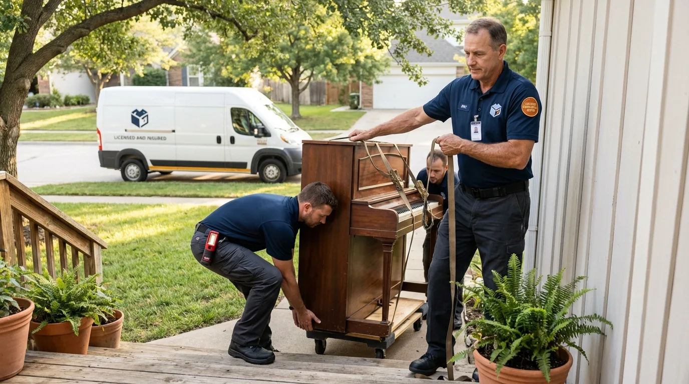 Licensed piano movers securing grand piano in Cannon Falls, MN