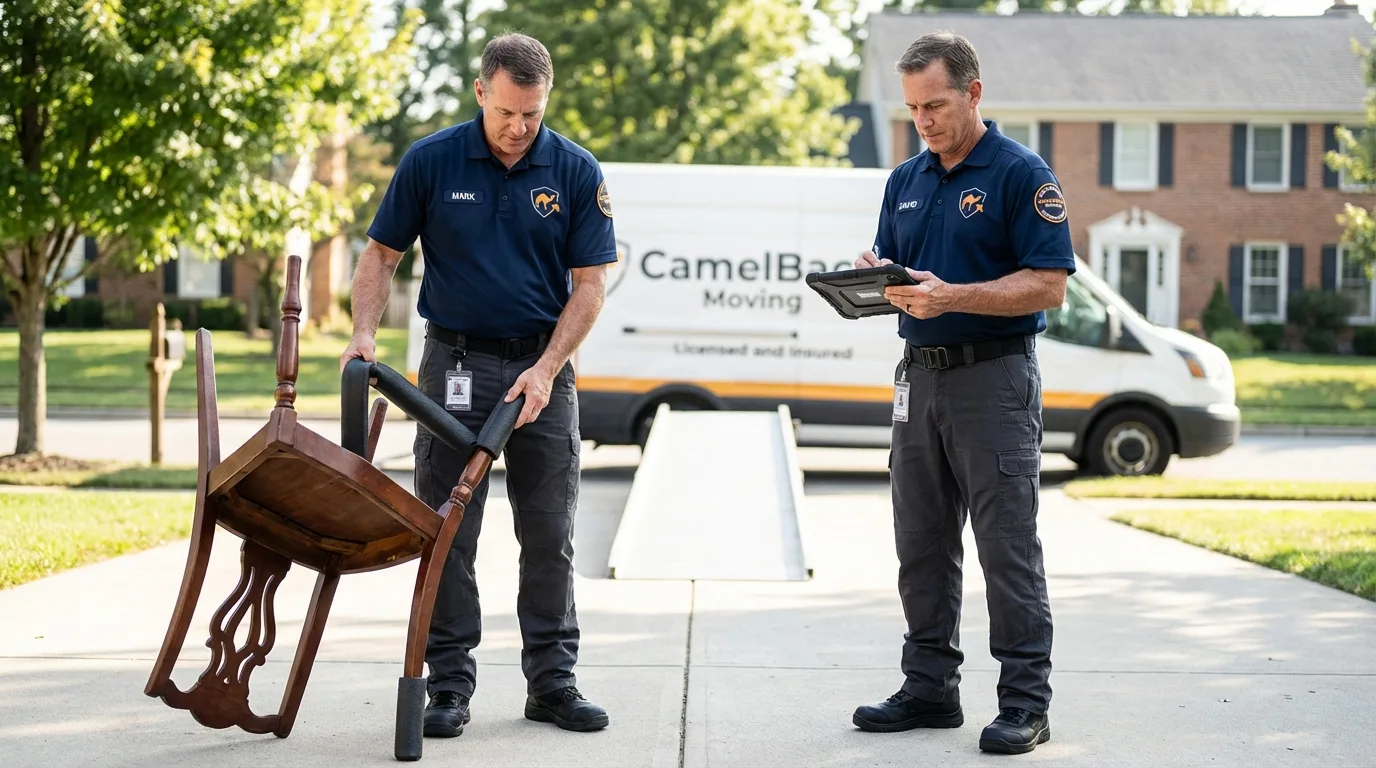 Movers inspecting furniture for damage prevention before loading in Cannon Falls, MN